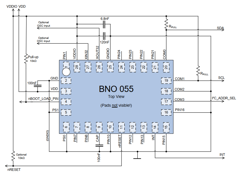 стандартная схема подключения bno-055 при использовании его по I2C